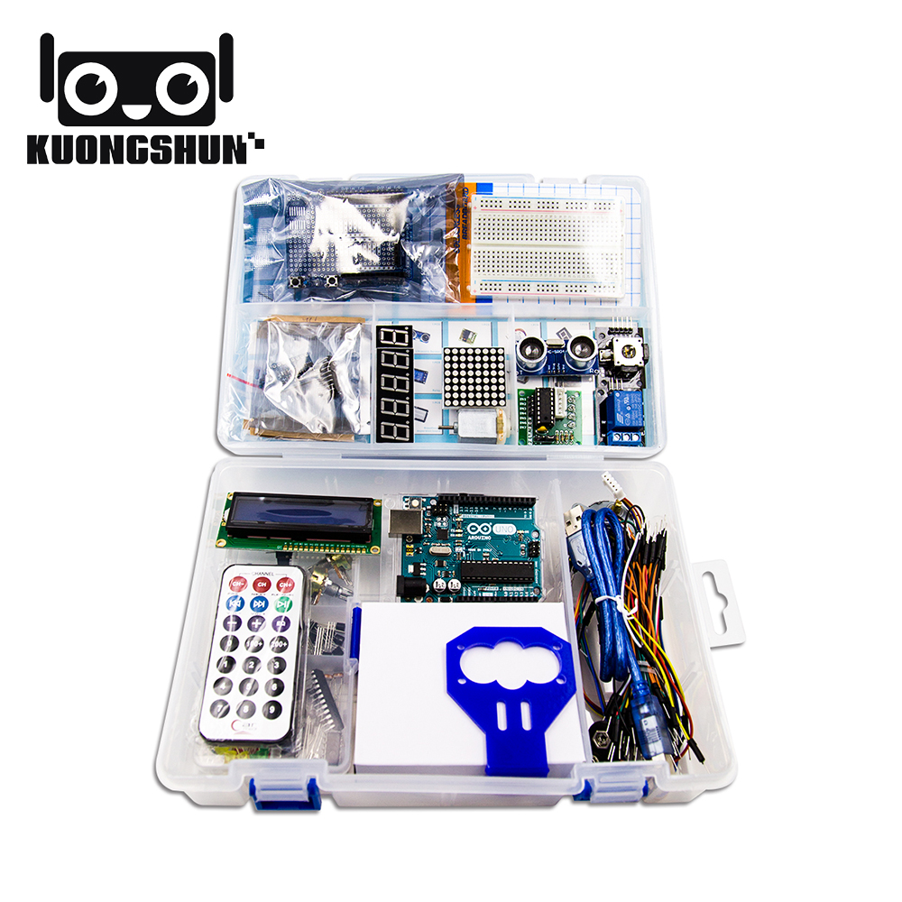 Стартовый набор Arduino UNO R3 DIP KUONGSHUN без логотипа и батарейки крона 9В с блоком питания под европейскую розетку